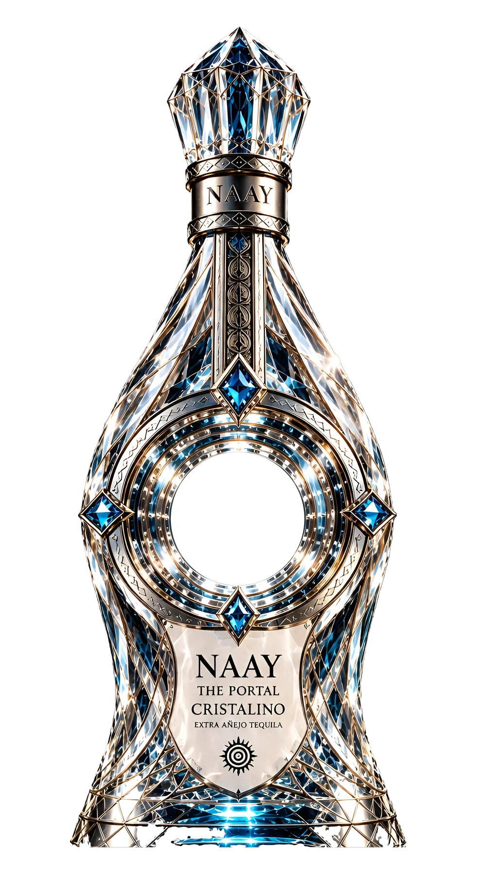 NAAY The Portal — Cristalino: a crystal and Mexican-silver bottle with a circular void at its centre