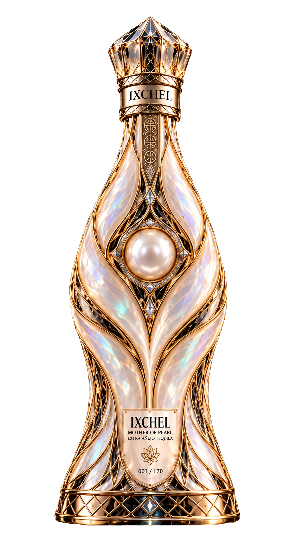Ixchel — Mother of Pearl: a spiral of mother-of-pearl and champagne gold with a natural pearl at the centre