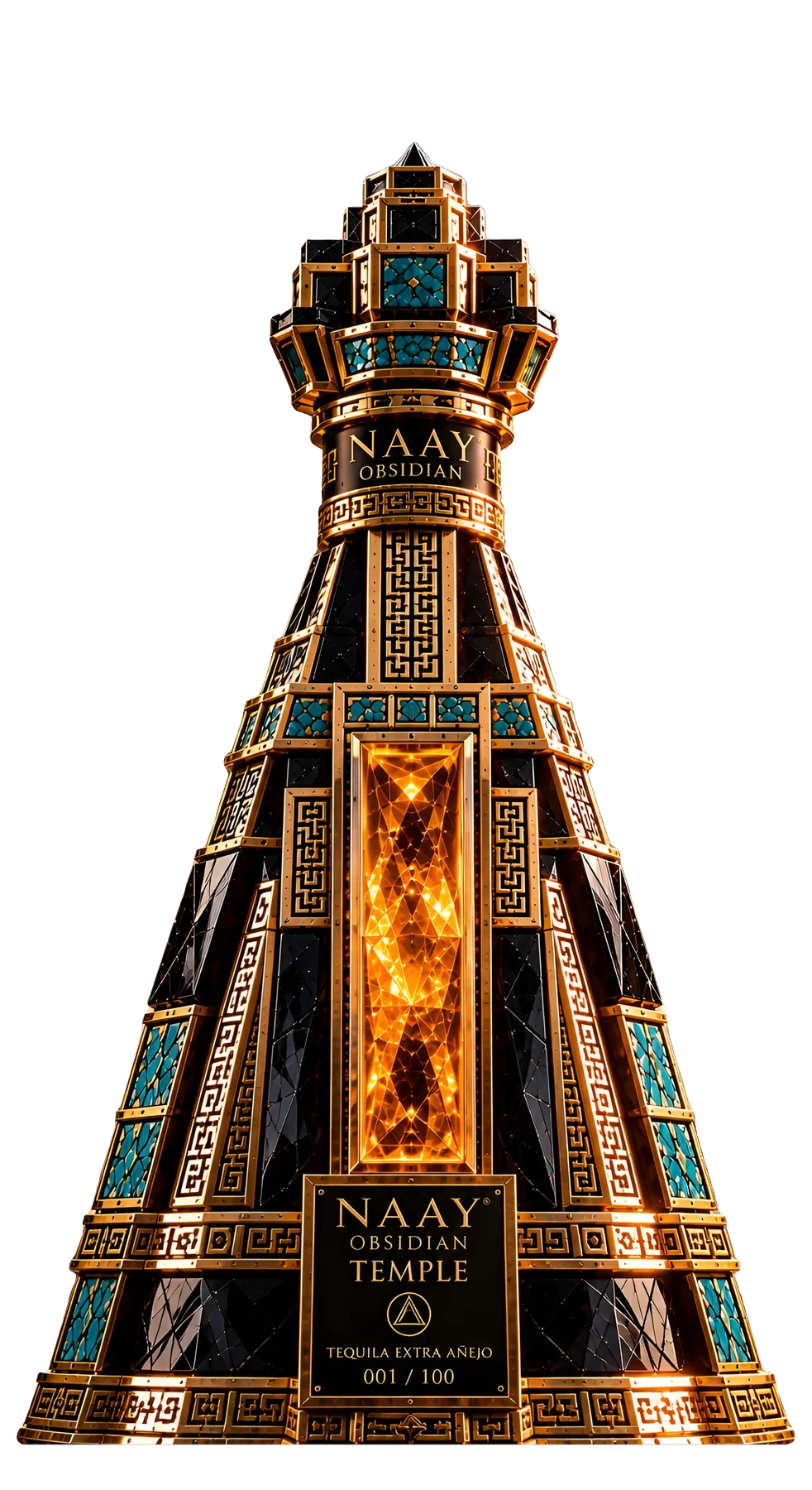 Obsidian — Temple: a stepped pyramid of faceted obsidian, gold and turquoise with an amber crystal core