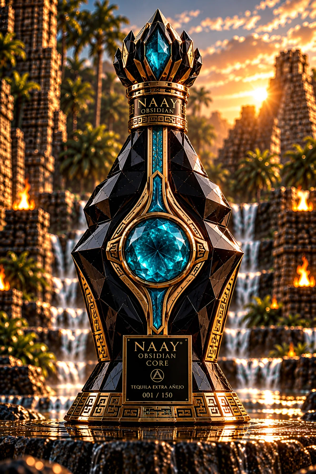 Obsidian — Core before stepped temples at sunset, turquoise crystal at its centre