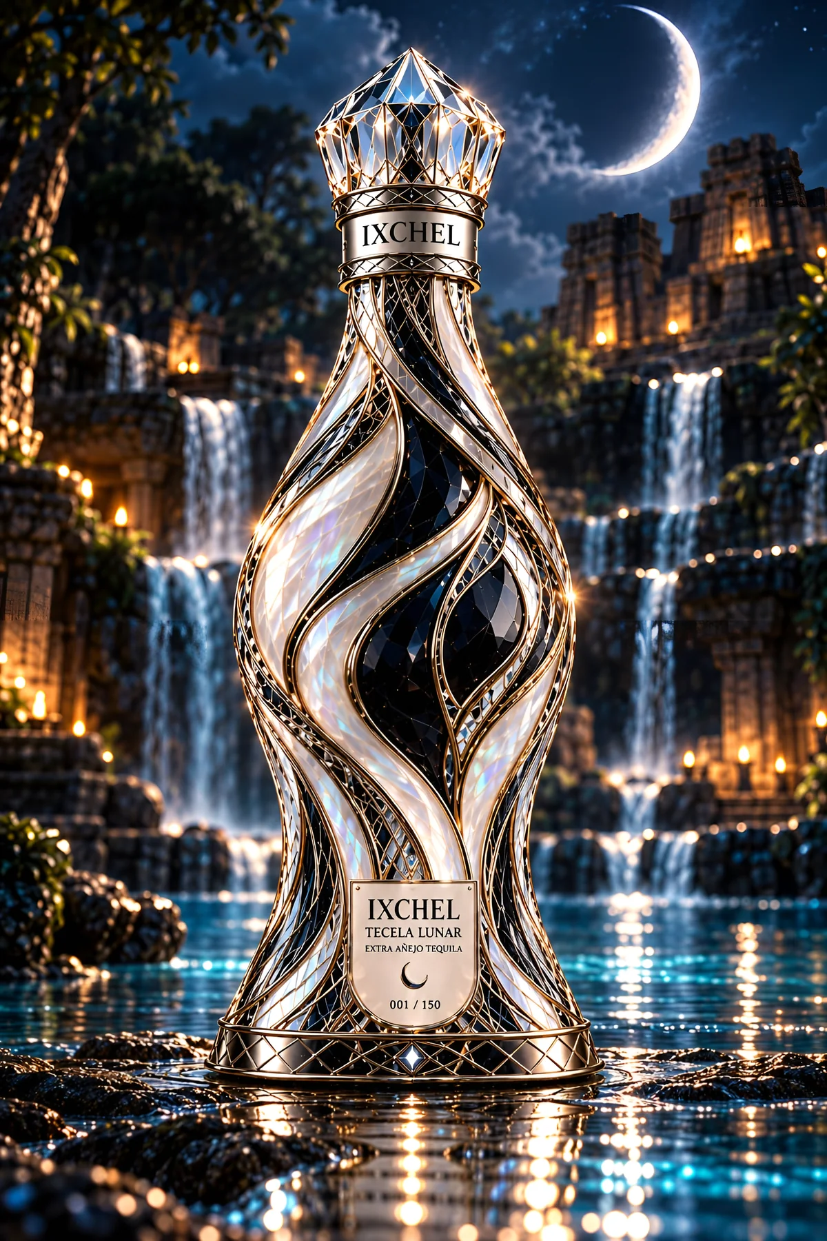 Ixchel — Tecela Lunar under a crescent moon, waterfalls behind